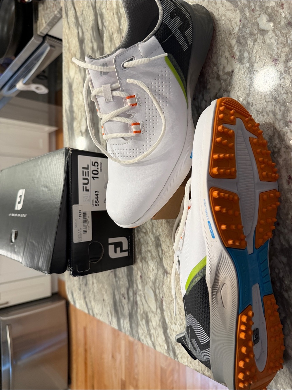 FootJoy White Golf Shoes with Orange & Blue Outsole and Lime Accent